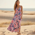 Women's Tiered Floral Maxi Dress With Adjustable Straps - Pink