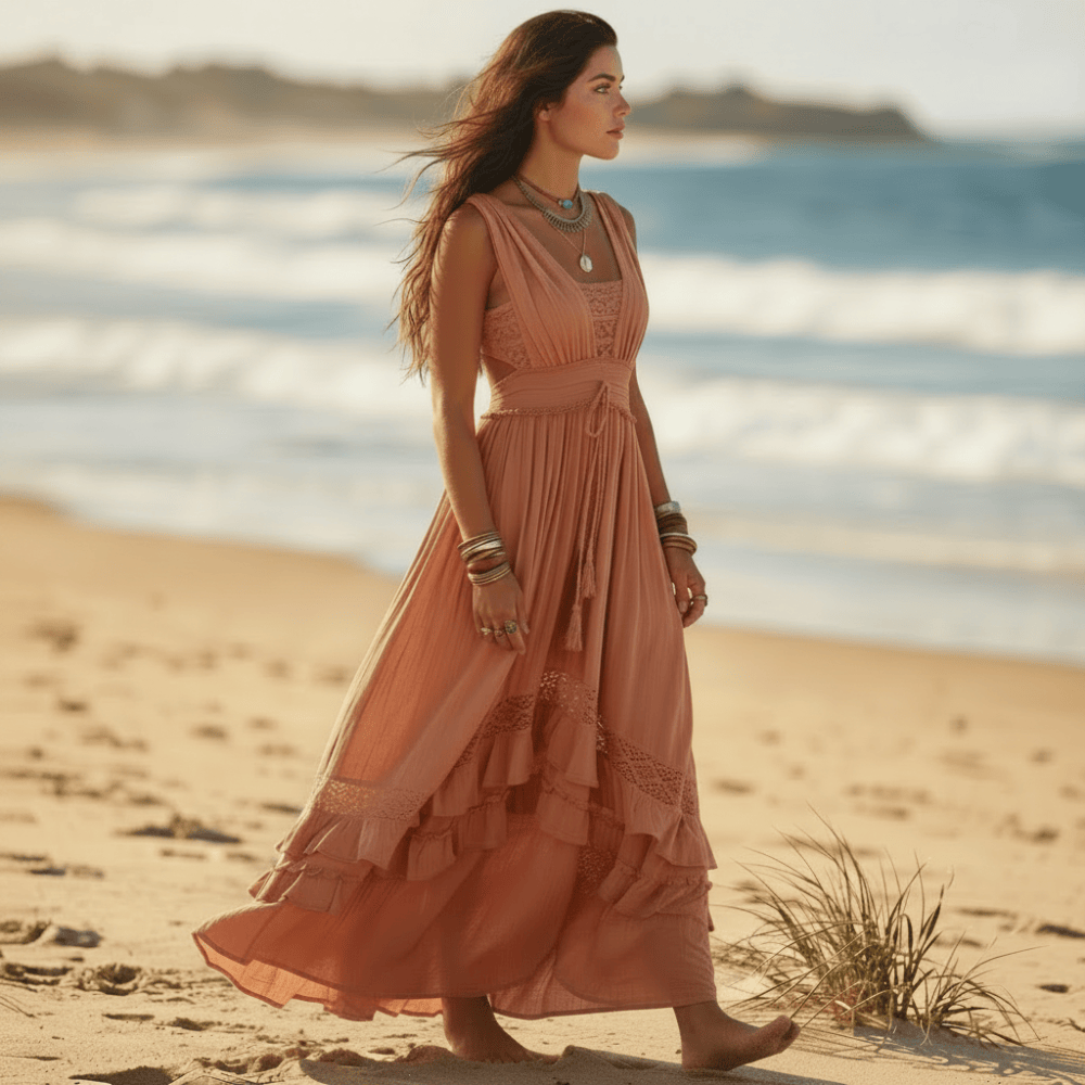 Women's Tiered Maxi Dress With Fitted Waist and Split - Coral