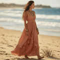 Women's Tiered Maxi Dress With Fitted Waist and Split - Coral