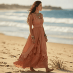 Women's Tiered Maxi Dress With Fitted Waist and Split - Coral
