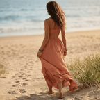Women's Tiered Maxi Dress With Fitted Waist and Split - Coral