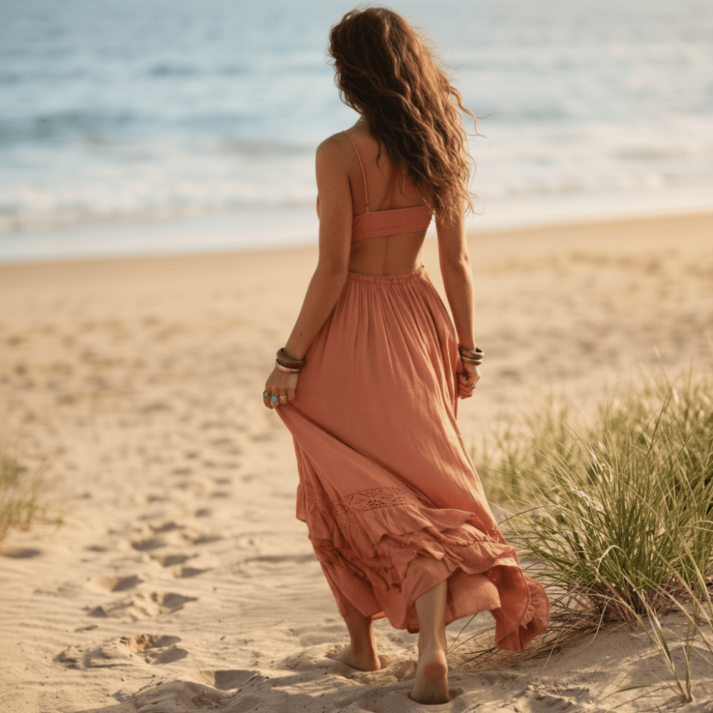Women's Tiered Maxi Dress With Fitted Waist and Split - Coral