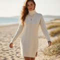 Women's Turtleneck Knit Sweater Dress With A-Line Skirt - Off White