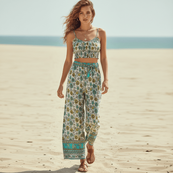 Women's Two-Piece Set With Crop Top and Wide-Leg Trousers - Sage Green