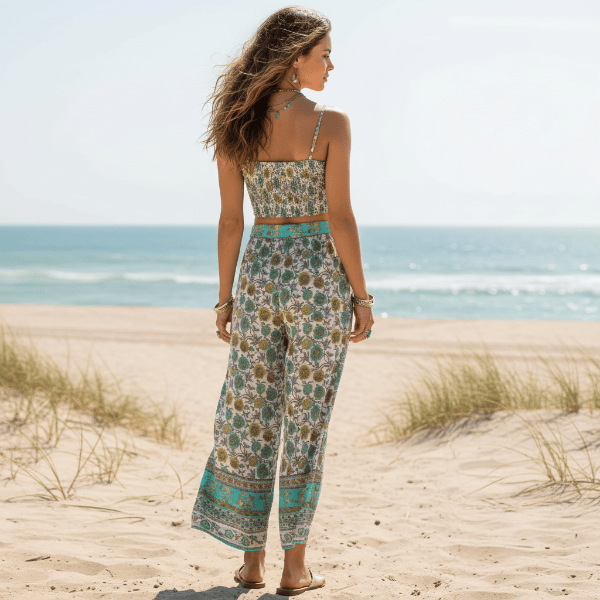 Women's Two-Piece Set With Crop Top and Wide-Leg Trousers - Sage Green