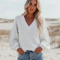Women's V-Neck Knit Top With Wide Lantern Sleeves - White