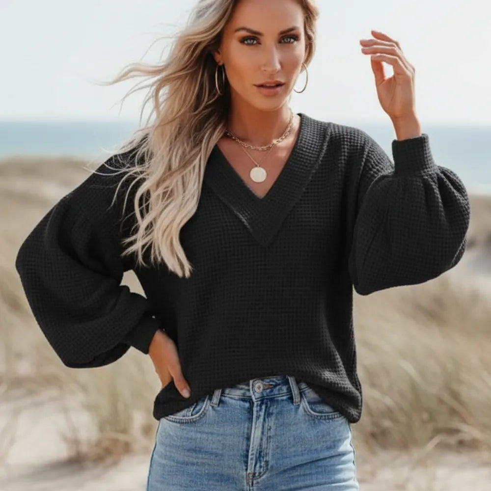 Women's V-Neck Knit Top With Wide Lantern Sleeves - Black