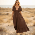 Women's V-Neck Maxi Dress With Open Back and Ruffled Sleeves - Brown