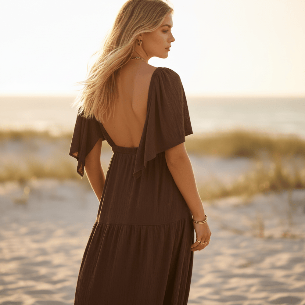 Women's V-Neck Maxi Dress With Open Back and Ruffled Sleeves - Brown