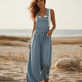 Women's Wide Leg Denim Overalls With Bib Front - Light Blue