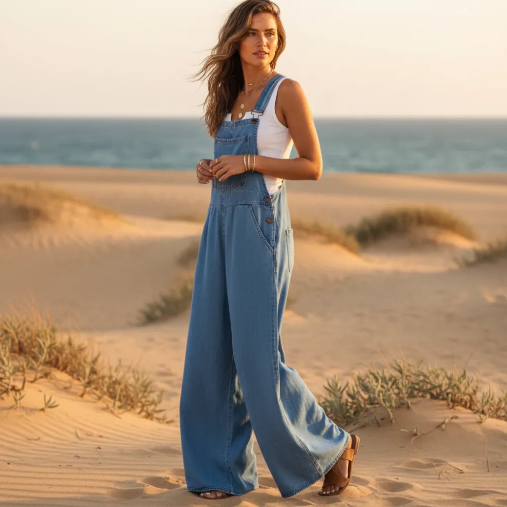 Women's Wide Leg Denim Overalls With Bib Front - Dark Blue