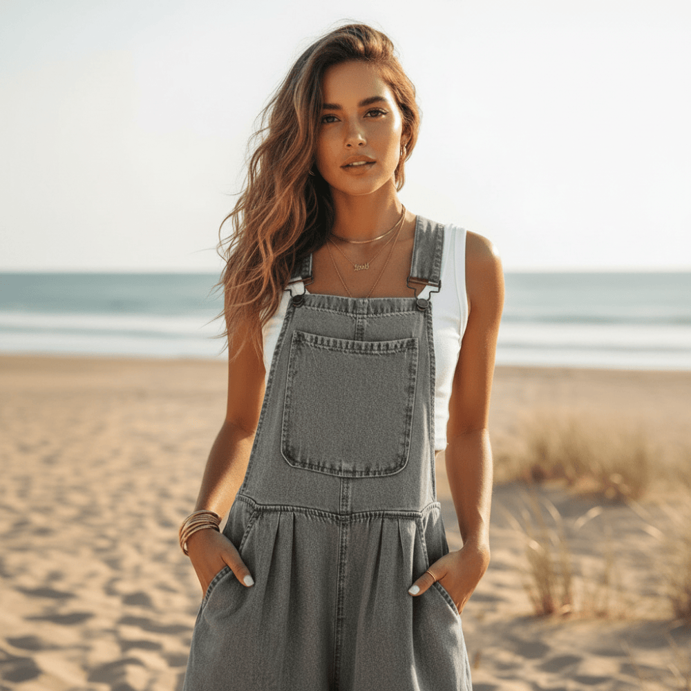 Women's Wide Leg Denim Overalls With Bib Front - Gray