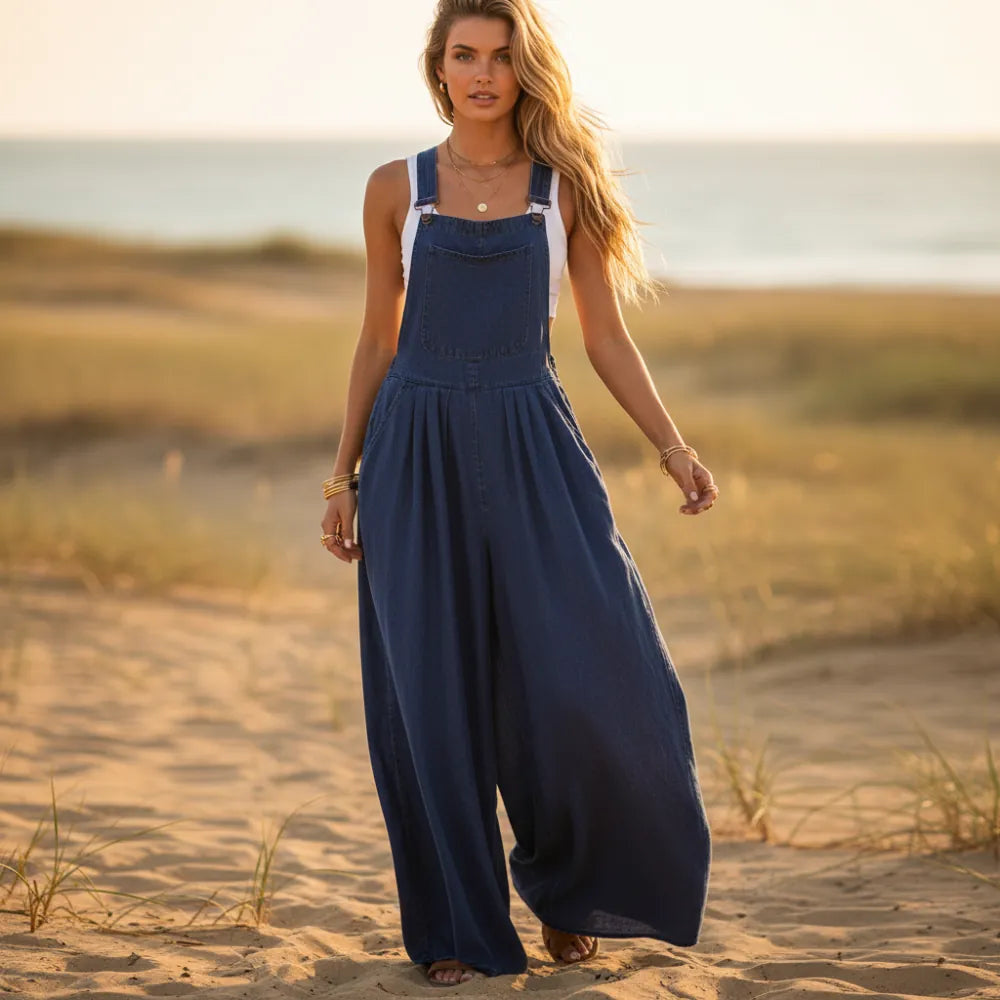 Women's Wide Leg Denim Overalls With Bib Front - Navy Blue
