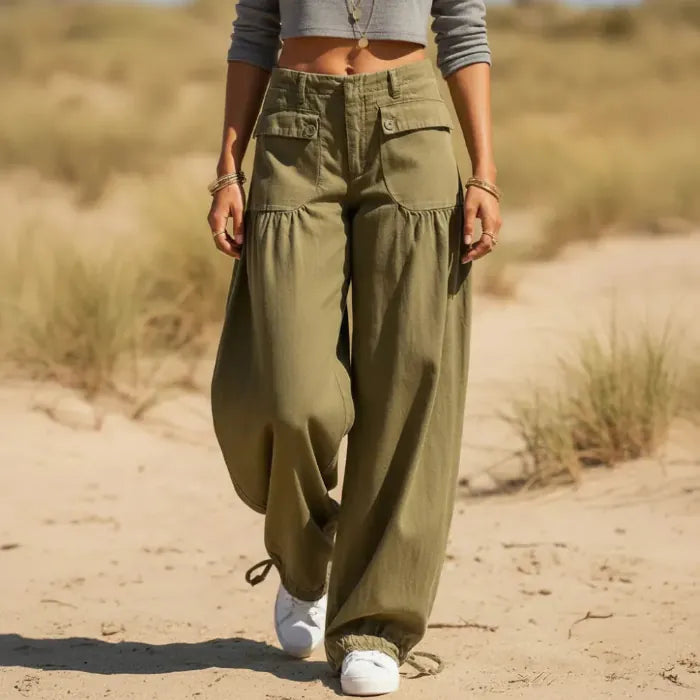 Women's Wide-Leg Denim Trousers With Lace-Up Hems - Green