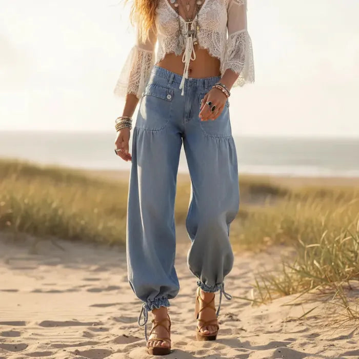 Women's Wide-Leg Denim Trousers With Lace-Up Hems - Light Blue