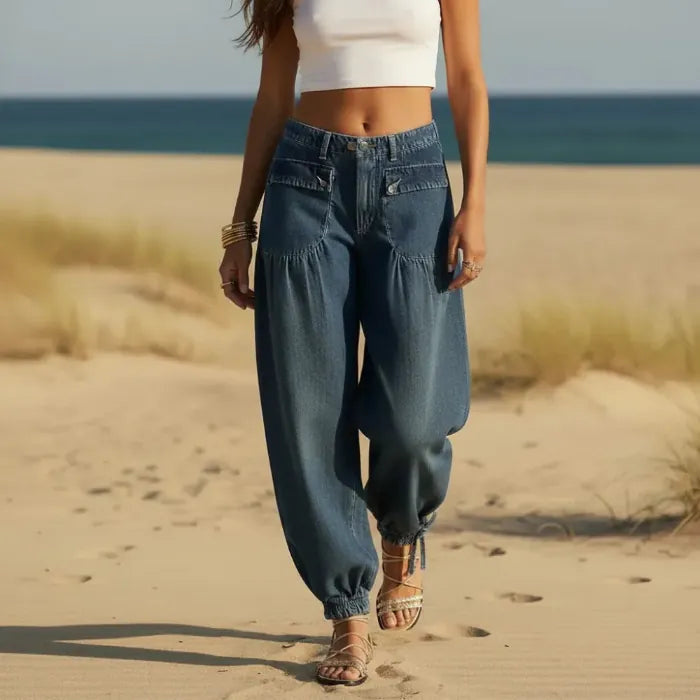 Women's Wide-Leg Denim Trousers With Lace-Up Hems - Dark Blue