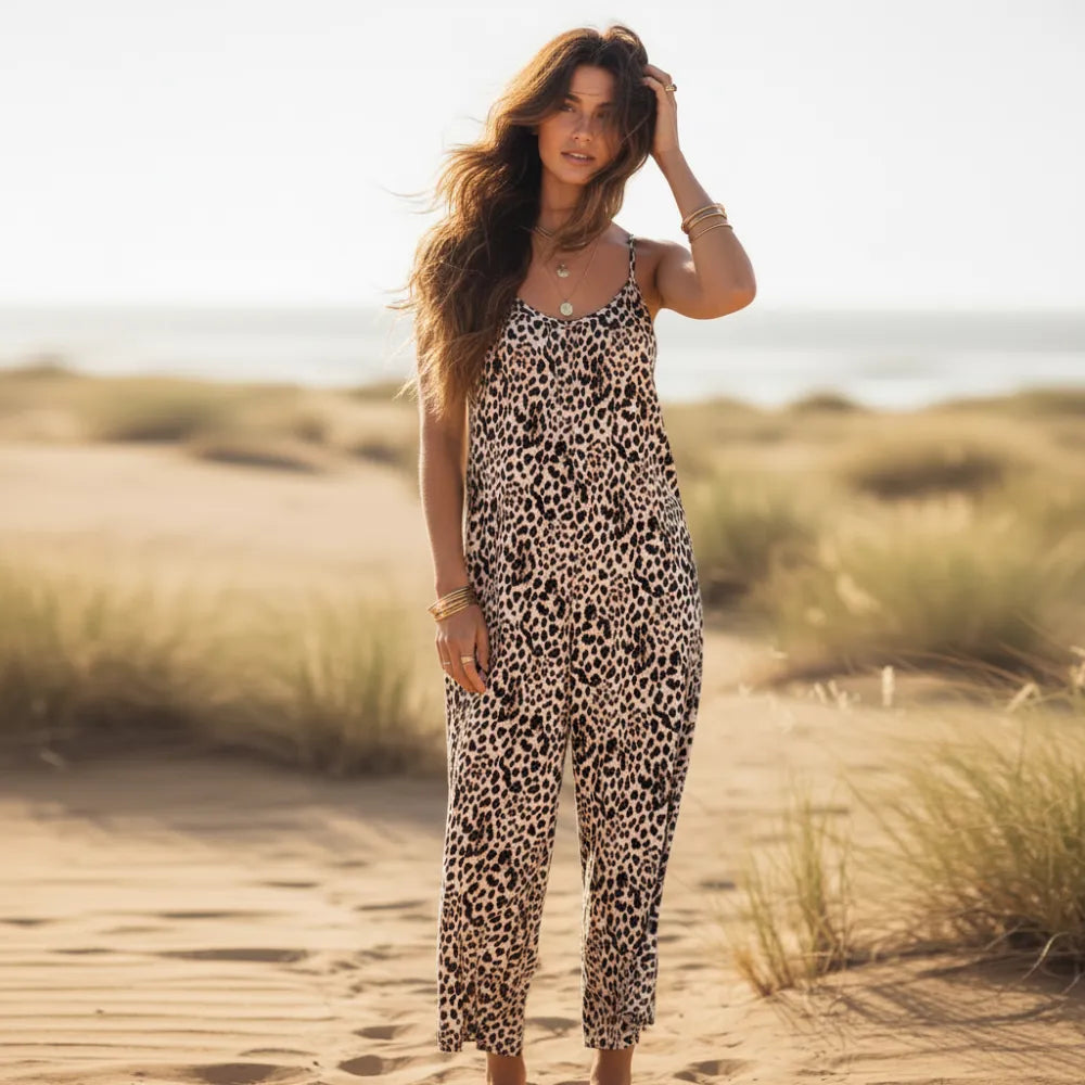 Women's Wide Leg Jumpsuit With Adjustable Straps - Leopard
