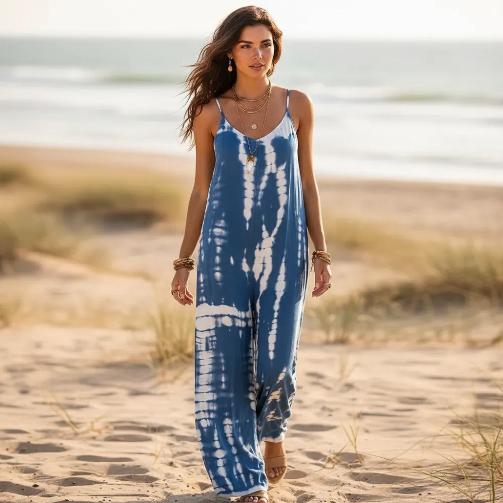 Women's Wide Leg Jumpsuit With Adjustable Straps - Royal Blue