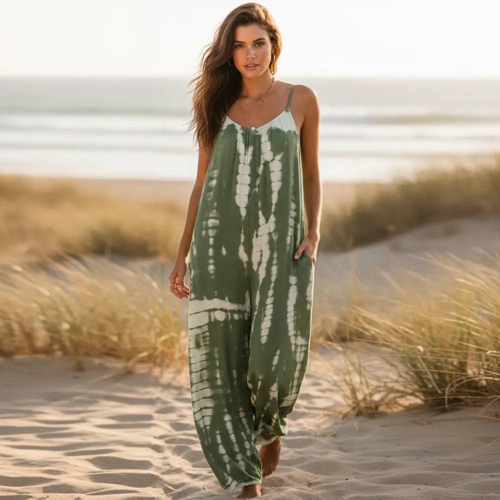 Women's Wide Leg Jumpsuit With Adjustable Straps - Army Green