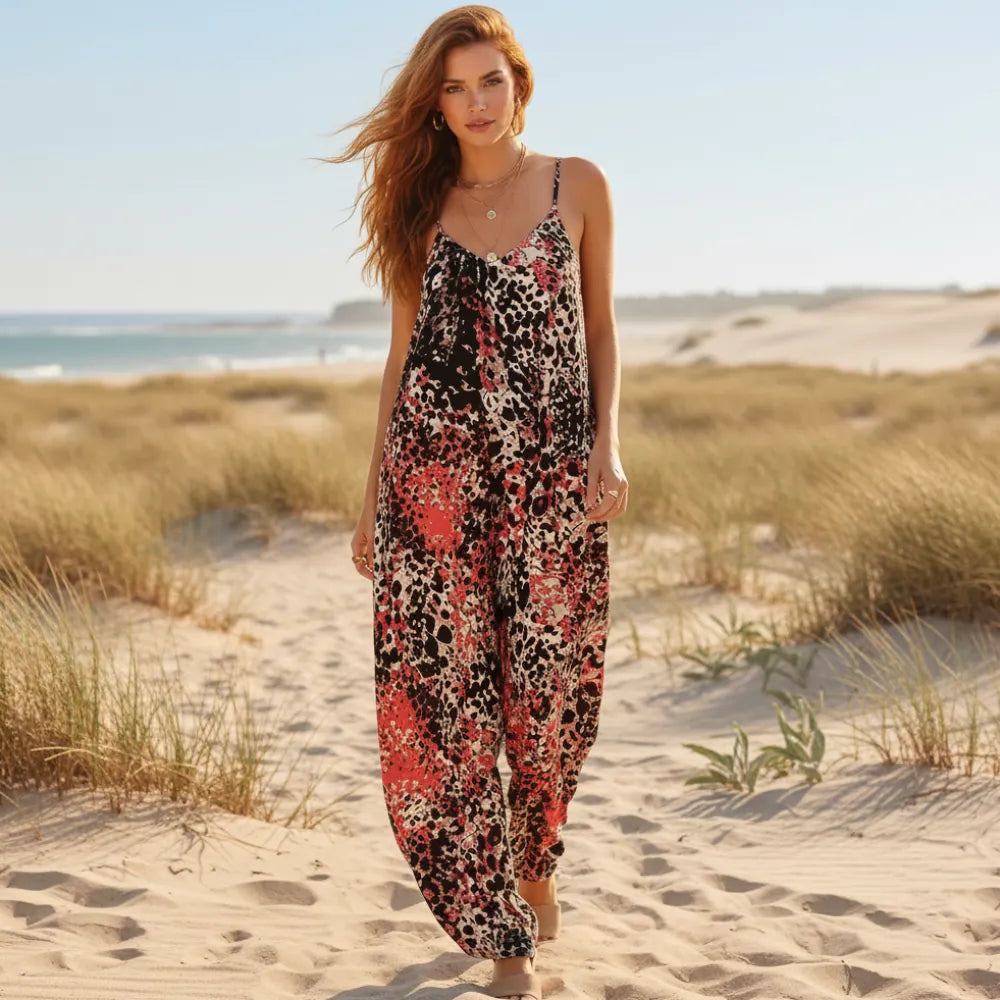 Women's Wide Leg Jumpsuit With Adjustable Straps - Red Leopard