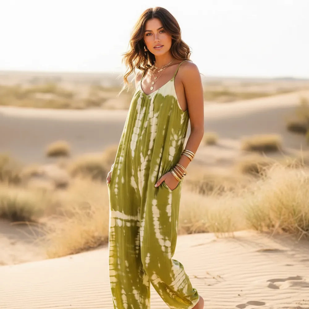 Women's Wide Leg Jumpsuit With Adjustable Straps - Olive