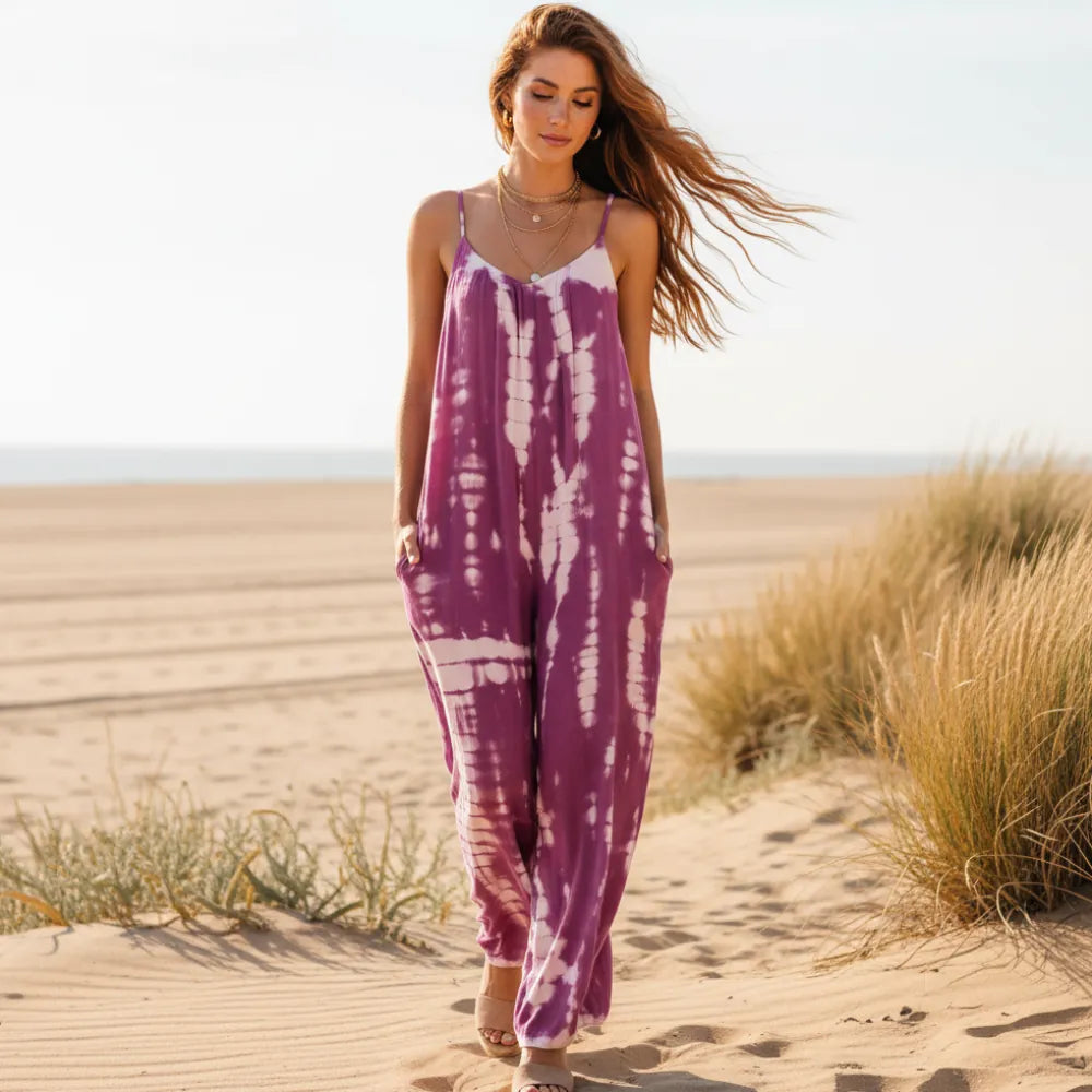 Women's Wide Leg Jumpsuit With Adjustable Straps - Magenta