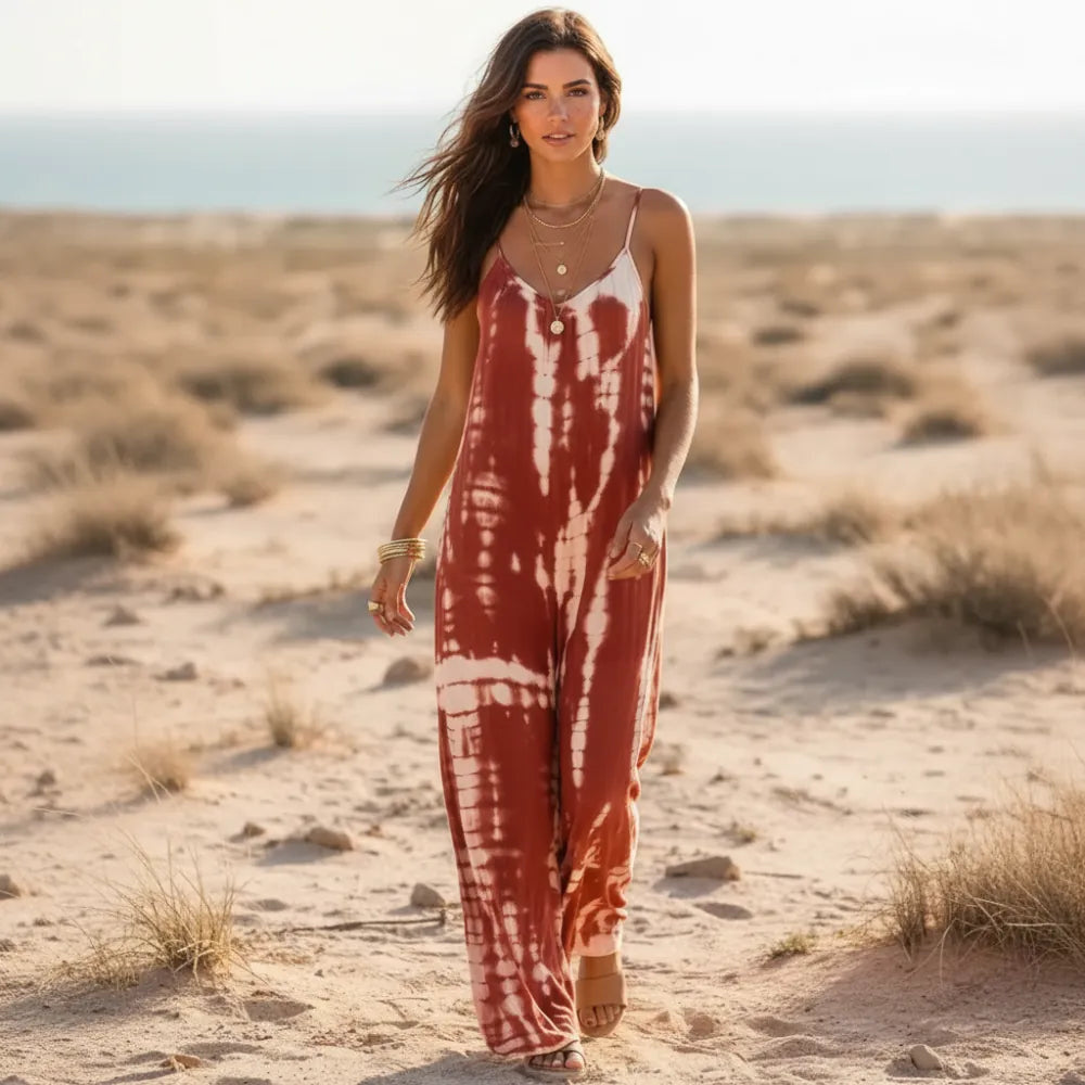 Women's Wide Leg Jumpsuit With Adjustable Straps - Brick Red