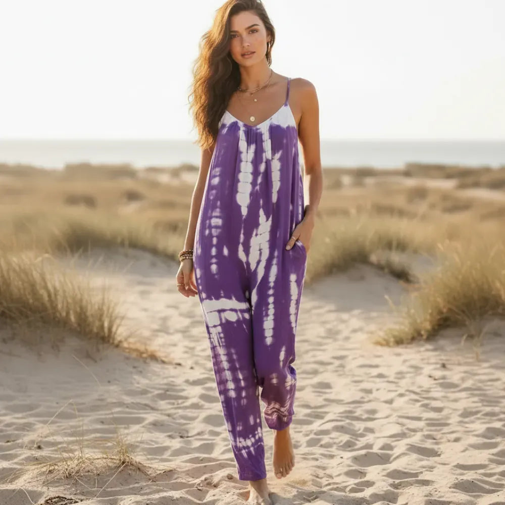 Women's Wide Leg Jumpsuit With Adjustable Straps - Purple