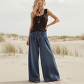 Women's Wide Leg Palazzo Jeans With Drawstring Waist - Dark Blue