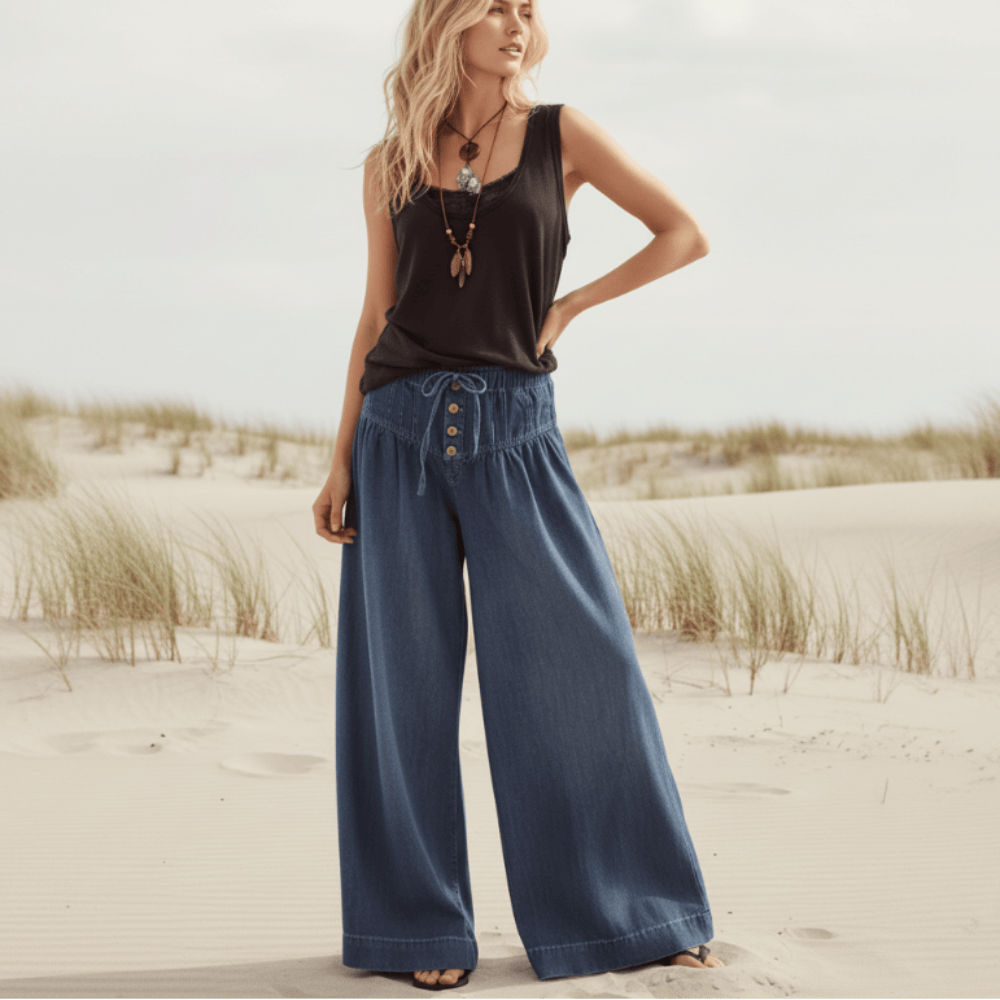 Women's Wide Leg Palazzo Jeans With Drawstring Waist - Dark Blue