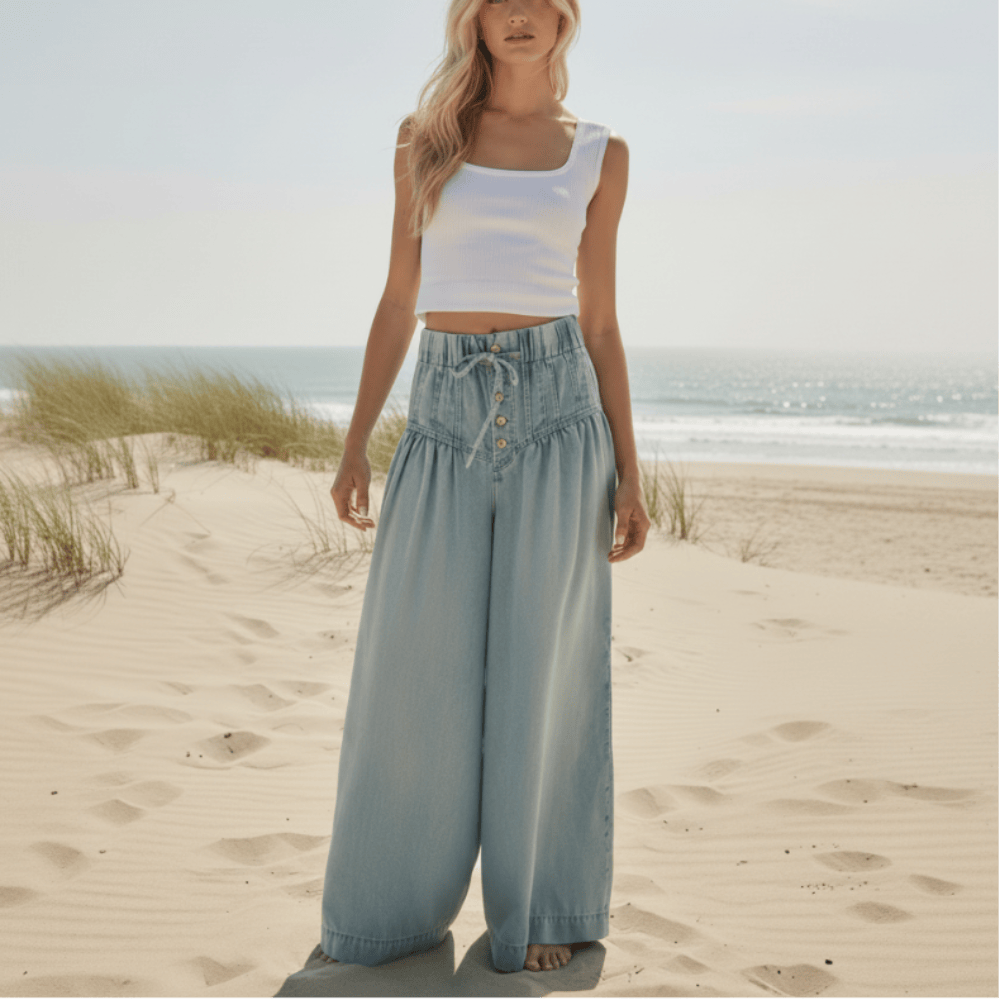 Women's Wide Leg Palazzo Jeans With Drawstring Waist - Light Blue