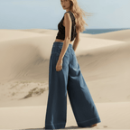 Women's Wide Leg Palazzo Jeans With Drawstring Waist - Dark Blue