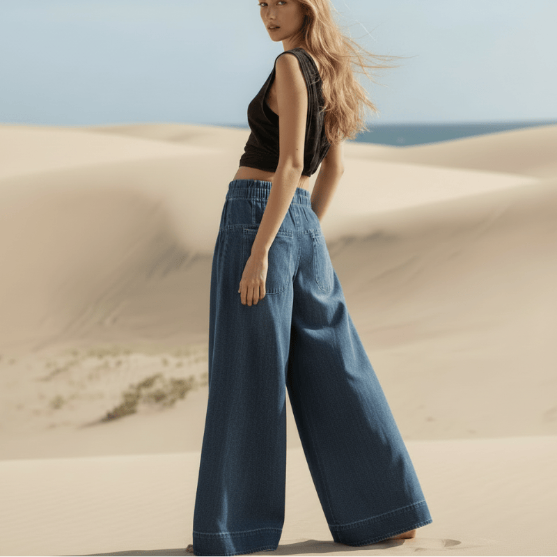 Women's Wide Leg Palazzo Jeans With Drawstring Waist - Dark Blue
