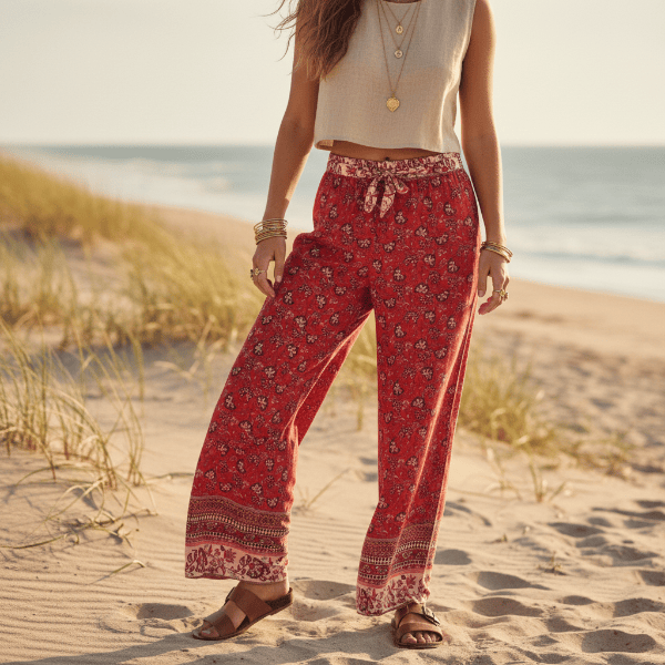 Women's Wide-Leg Printed Trousers With Drawstring Waist - Red