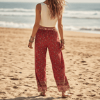 Women's Wide-Leg Printed Trousers With Drawstring Waist - Red