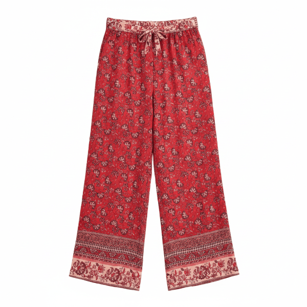 Women's Wide-Leg Printed Trousers With Drawstring Waist - Red