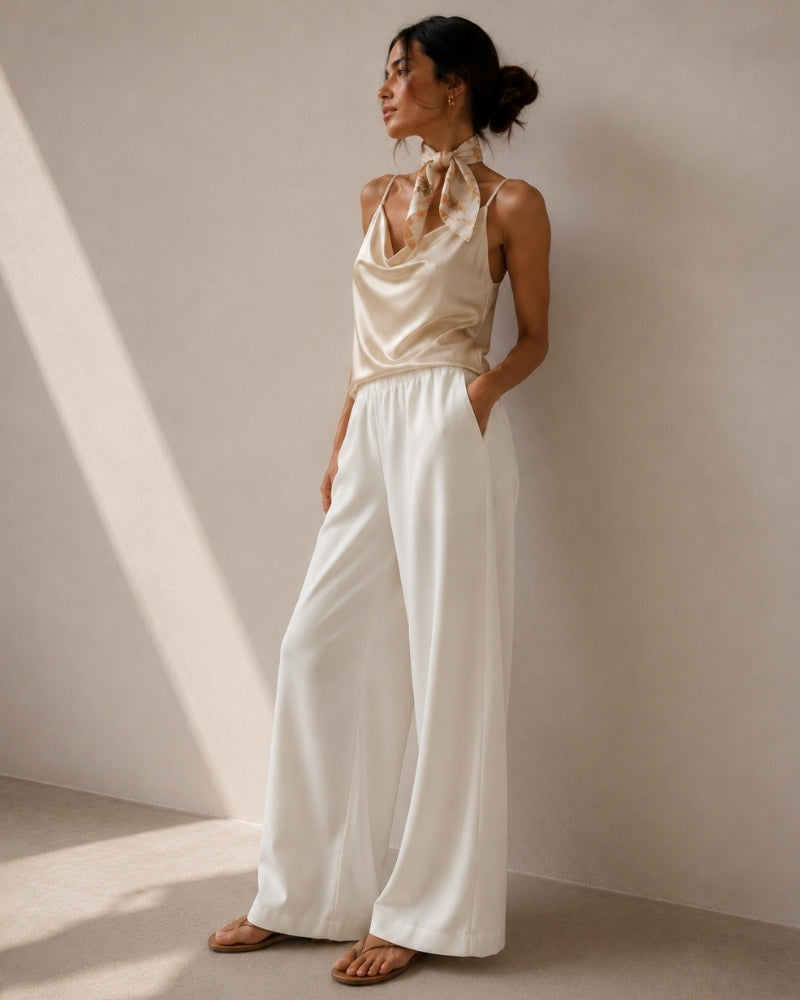 Women's Wide-Leg Trousers With a Gathered Waist - Ivory