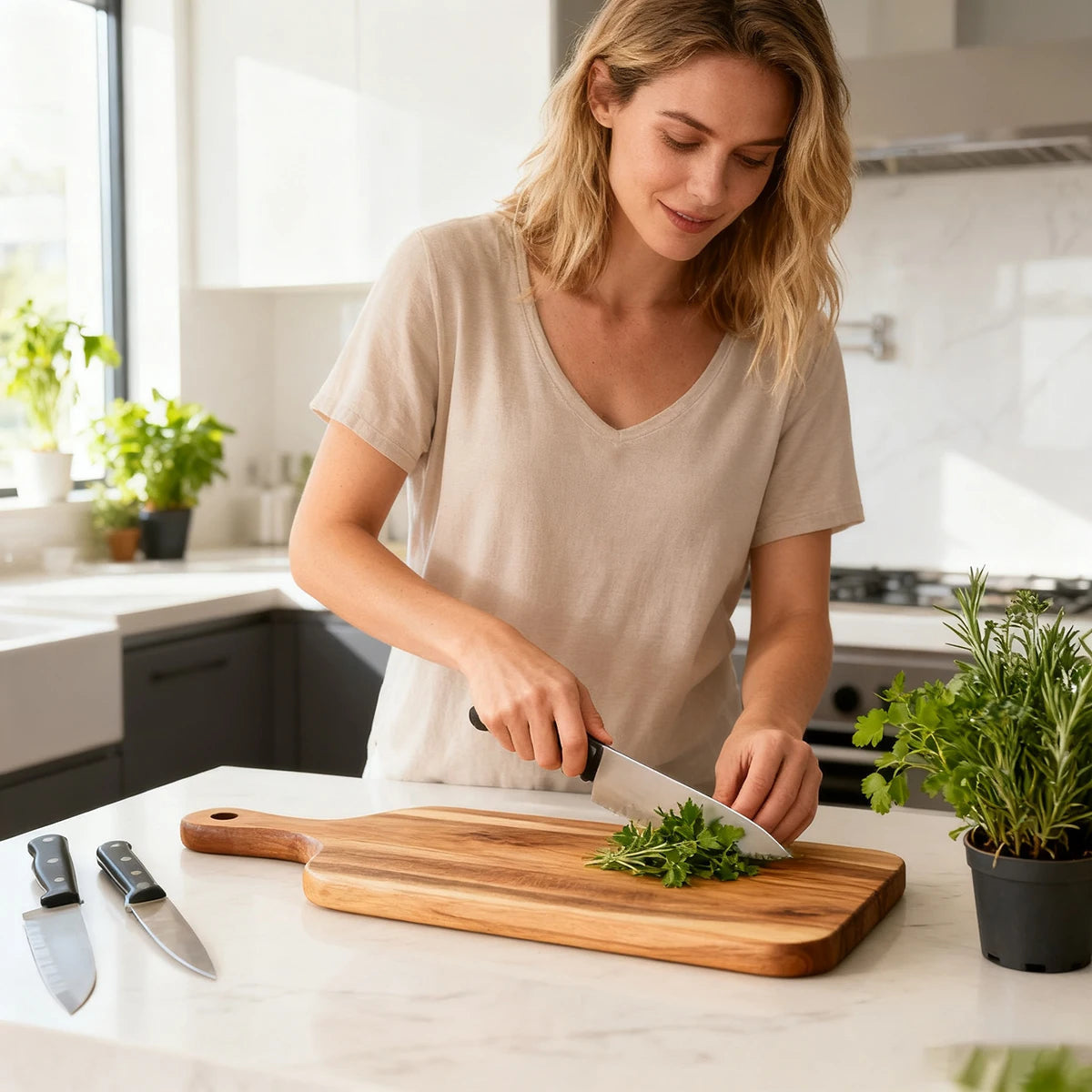 Wooden Chopping Board in Solid Acacia with Handle, Serving Board