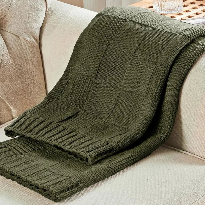 Wool Blanket Chunky Knit, Warm Breathable Throw with Ribbed Borders