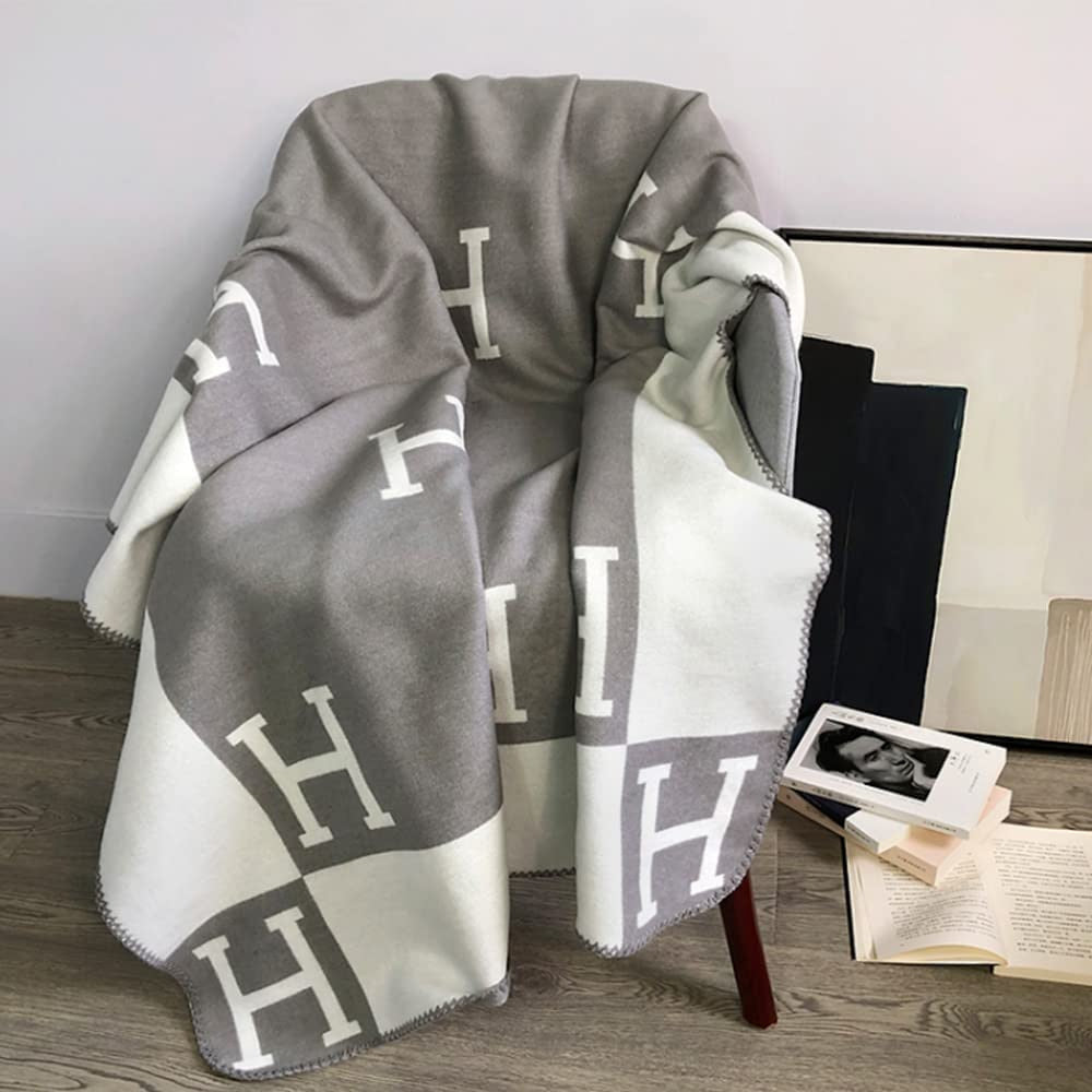 Wool Blanket with Cashmere, Warm Two-Tone Block Pattern Throw